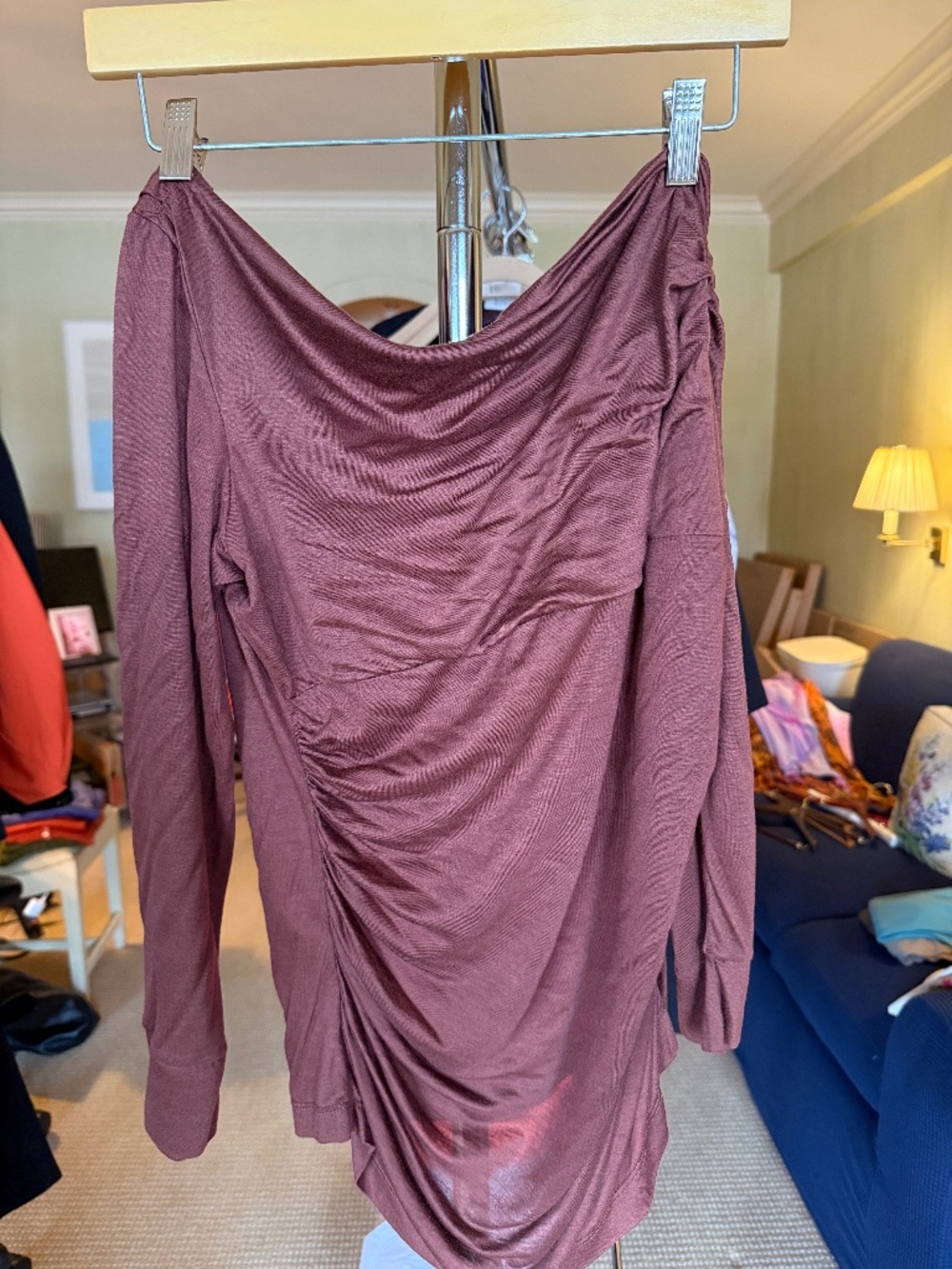 Vintage Italian Asymmetrical Draped Off Shoulder Top Brown Ruched Y2K